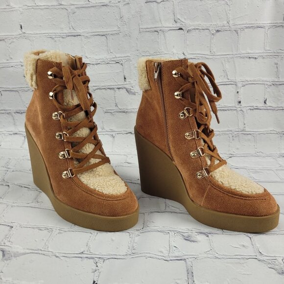 NEW Jessica Simpson Maelyn Wedge Bootie Brown Caramel Combo Leather Suede Sherpa - Picture 4 of 11